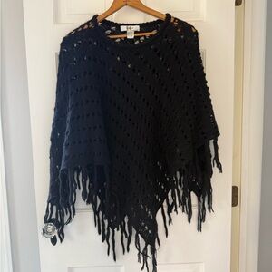 Black Knit Poncho with Fringe Detail
